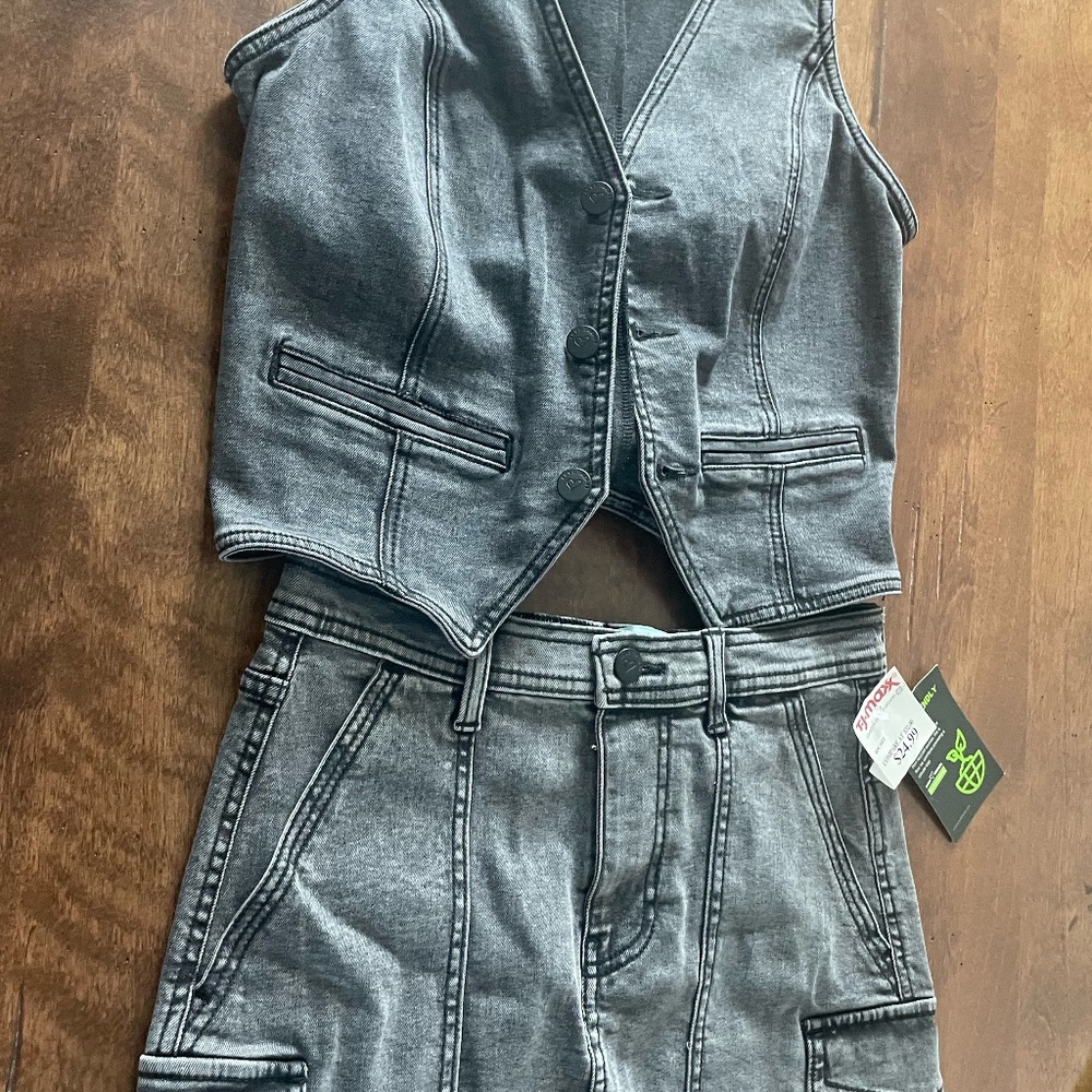 Black grey denim 2 piece mini skirt and vest